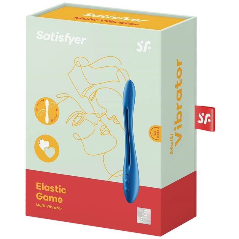 Boite Elastic Game Multi Vibrator Satisfyer, illustration au trait et vibromasseur flexible bleu. Silicone malléable, deux moteurs, usage solo ou en couple.