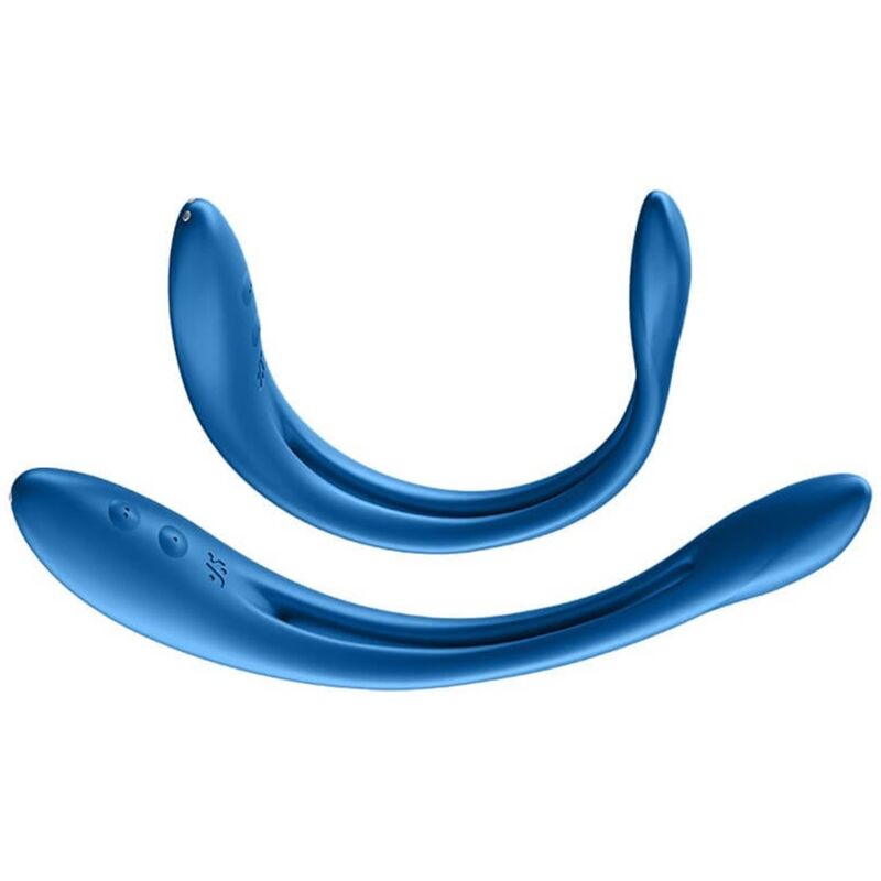 Vibromasseur Elastic Game bleu plié en U et en arc, silicone ultra-flexible à mouler. Deux moteurs indépendants, étanche et rechargeable, à utiliser partout.