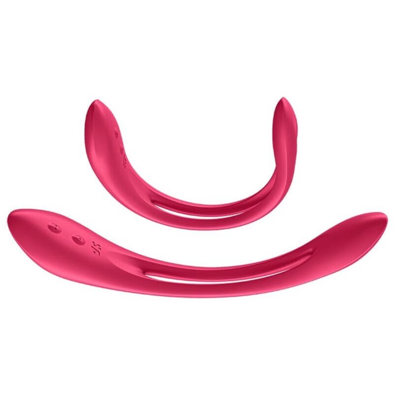 Vibromasseur Elastic Joy rouge plié en U et en arc, silicone ultra-flexible et malléable. Deux moteurs séparés, étanche et rechargeable, usage solo ou duo.