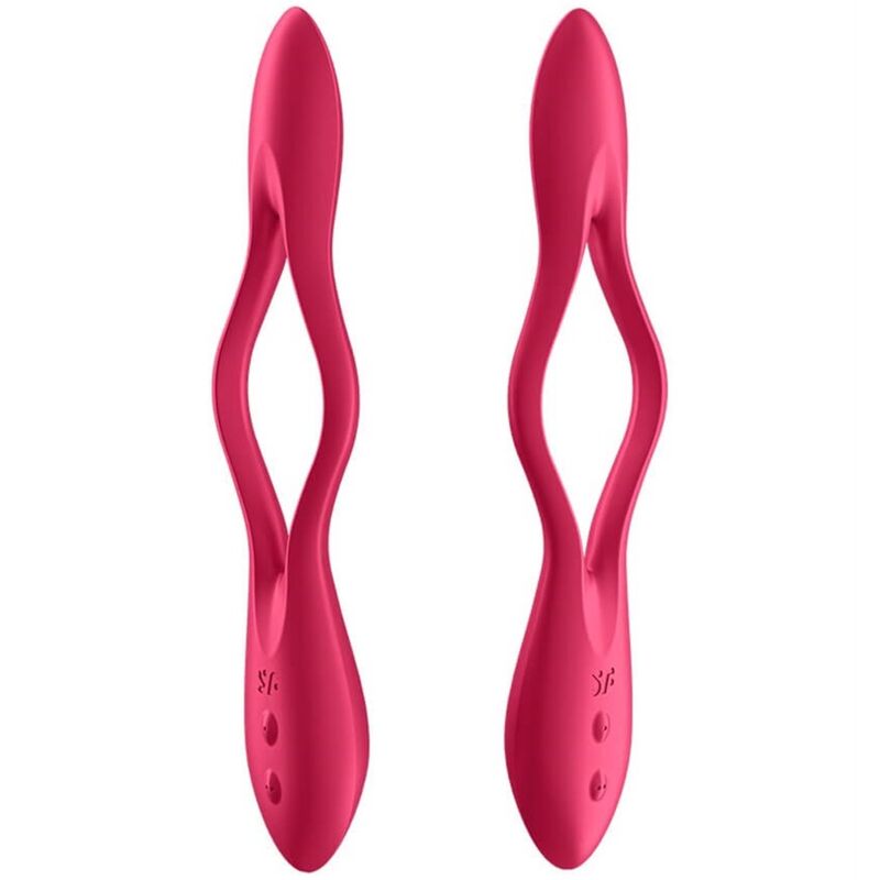 Vibromasseur Elastic Joy rouge présenté en deux poses, double tige souple en silicone enroulée. Deux moteurs indépendants, à adapter au clitoris ou au périnée.
