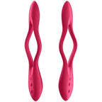 Vibromasseur Elastic Joy rouge présenté en deux poses, double tige souple en silicone enroulée. Deux moteurs indépendants, à adapter au clitoris ou au périnée.