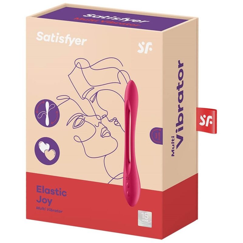 Boite Elastic Joy Multi Vibrator Satisfyer, illustration au trait et vibromasseur flexible rouge. Silicone à mouler, deux moteurs, plus de 16 usages possibles.
