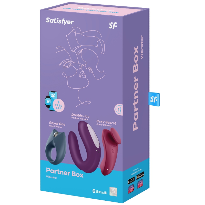 Boite Partner Box Satisfyer violette, illustration au trait et les trois jouets : Royal One, Double Joy et Sexy Secret. Bluetooth, silicone, app Connect.