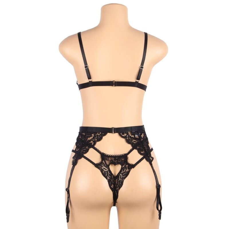Ensemble lingerie dentelle noire Subblime vu de dos sur buste mannequin, soutien-gorge, sangles de porte-jarretelles et string a cœur ajoure.