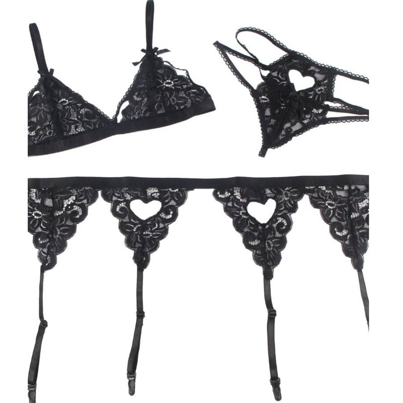 Composition a plat de l ensemble Subblime en dentelle noire, soutien-gorge, string a cœur ajoure et porte-jarretelles festonne presentes ensemble.