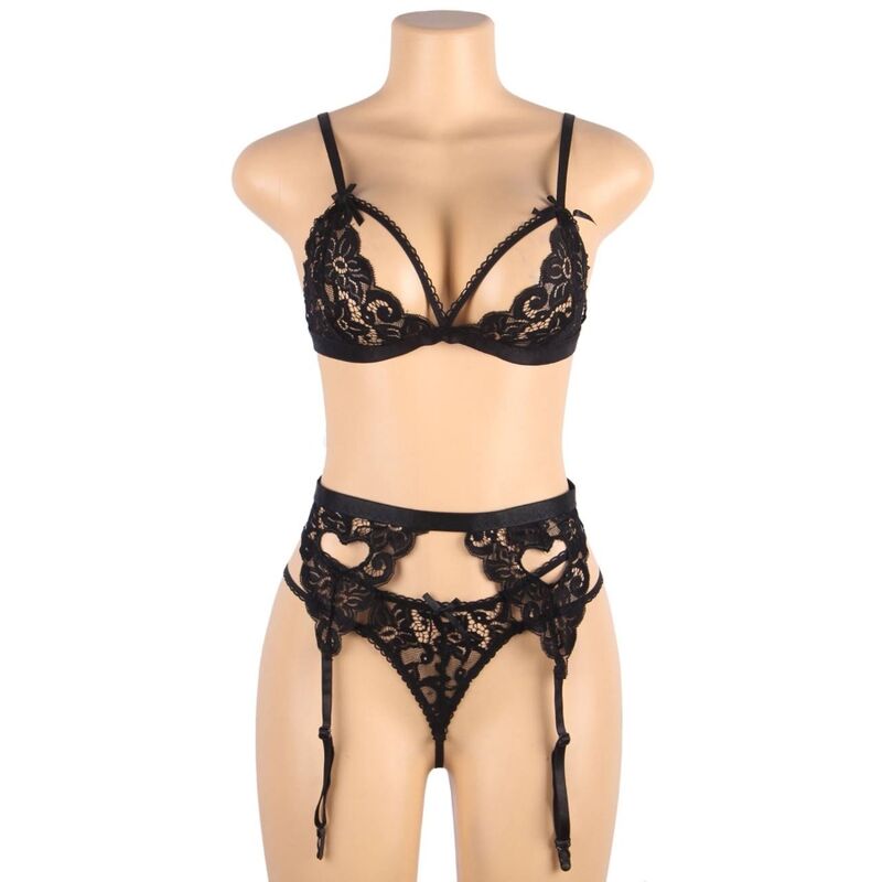 Ensemble lingerie 3 pieces dentelle noire Subblime de face sur buste mannequin, soutien-gorge, porte-jarretelles a cœur et string assorti.