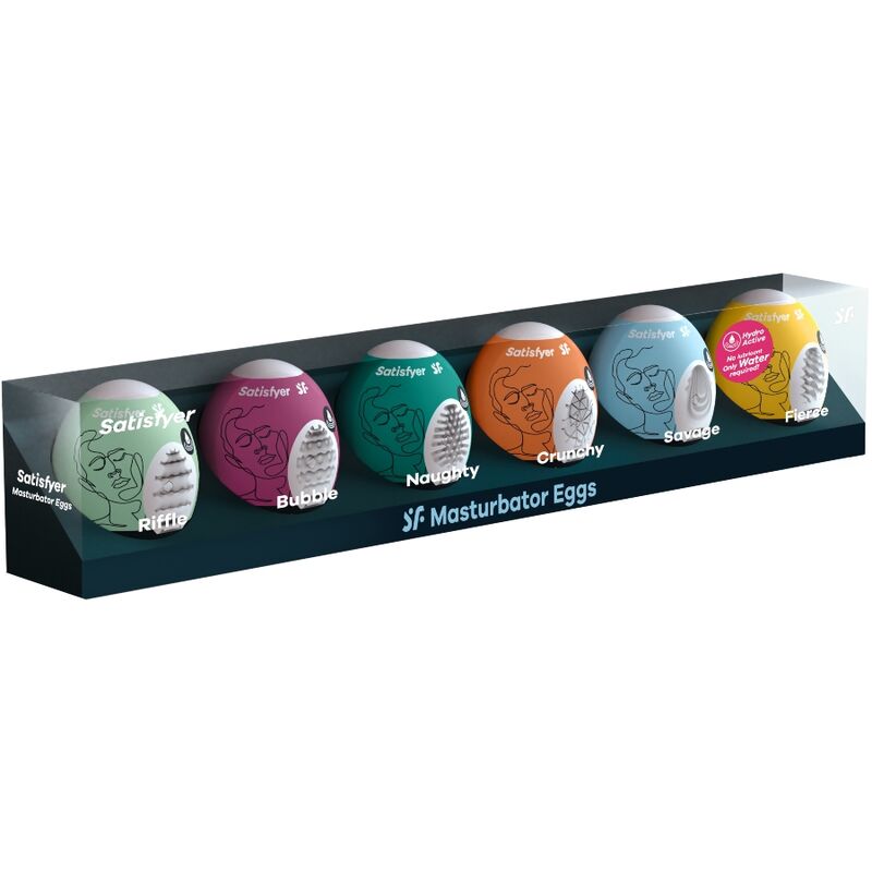Coffret SF Masturbator Eggs Satisfyer aligné dans son étui, six œufs masturbateurs colorés à textures internes différentes, matière souple hydro-active pour plaisir varié homme