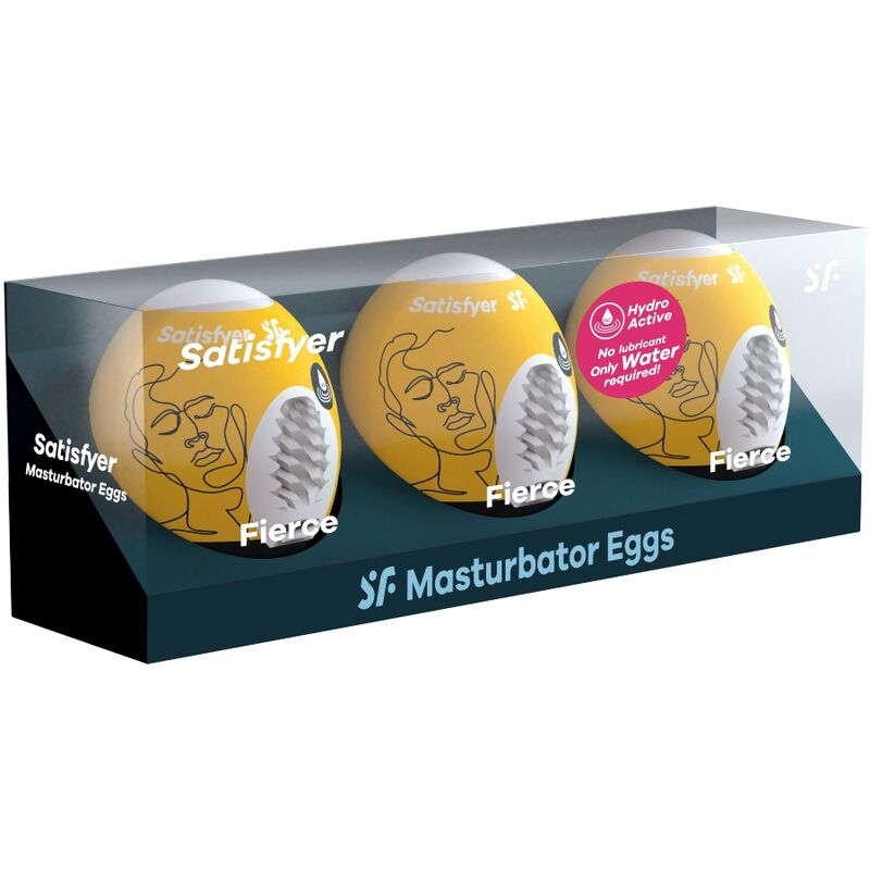 Coffret Satisfyer Masturbator Eggs noir avec trois oeufs Fierce jaunes, inserts blancs nervures, packaging sobre mention usage a l'eau.
