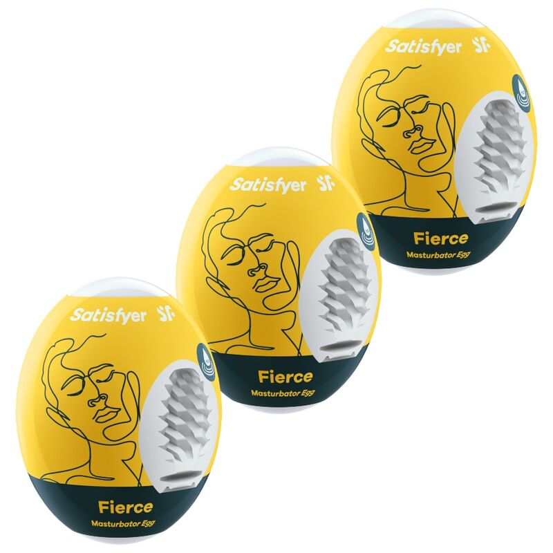 Trois oeufs masturbateurs Satisfyer Fierce jaunes empiles, gaines blanches a fines nervures verticales, illustrations de visages au trait minimaliste.