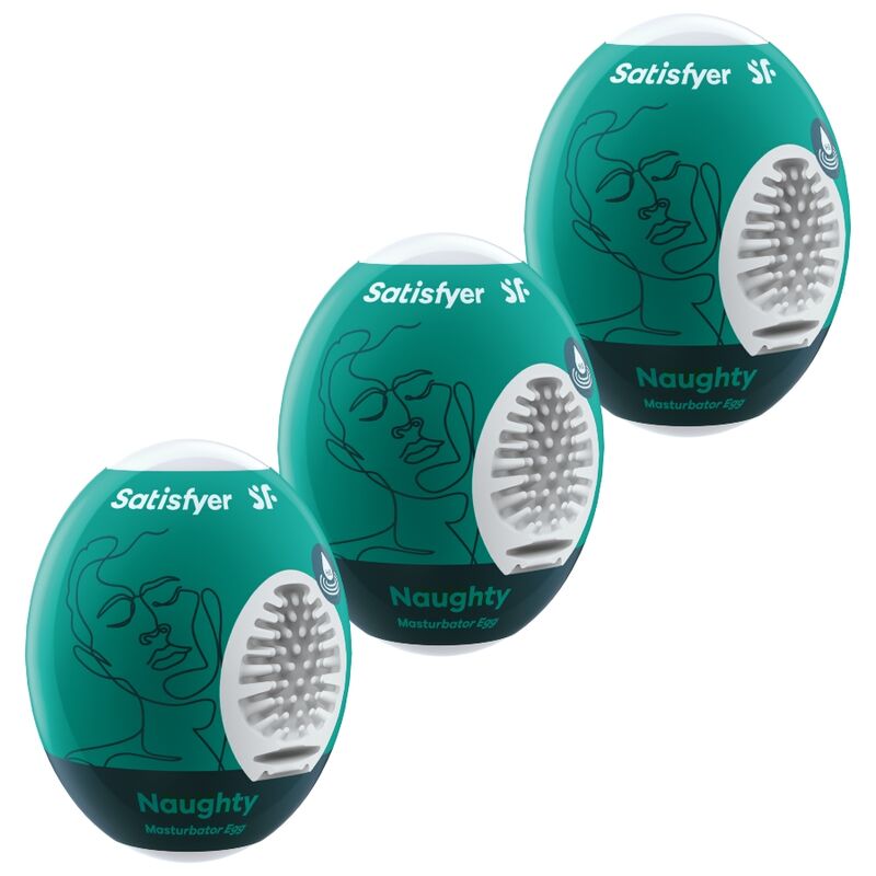 Trois oeufs masturbateurs Satisfyer Naughty vert sapin empiles en diagonale, gaines blanches a picots, dessins de visages au trait sur les coques.
