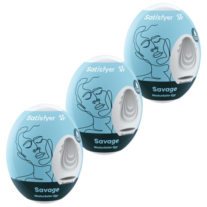 Trois oeufs masturbateurs Satisfyer Savage bleu ciel, gaines blanches a vagues ondulees, motifs de visages au trait, format nomade discret.