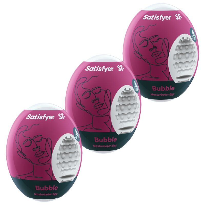 Trois oeufs masturbateurs Satisfyer Bubble rose framboise empiles, gaines blanches a bulles arrondies, illustrations de visages au trait, matiere souple pour homme.