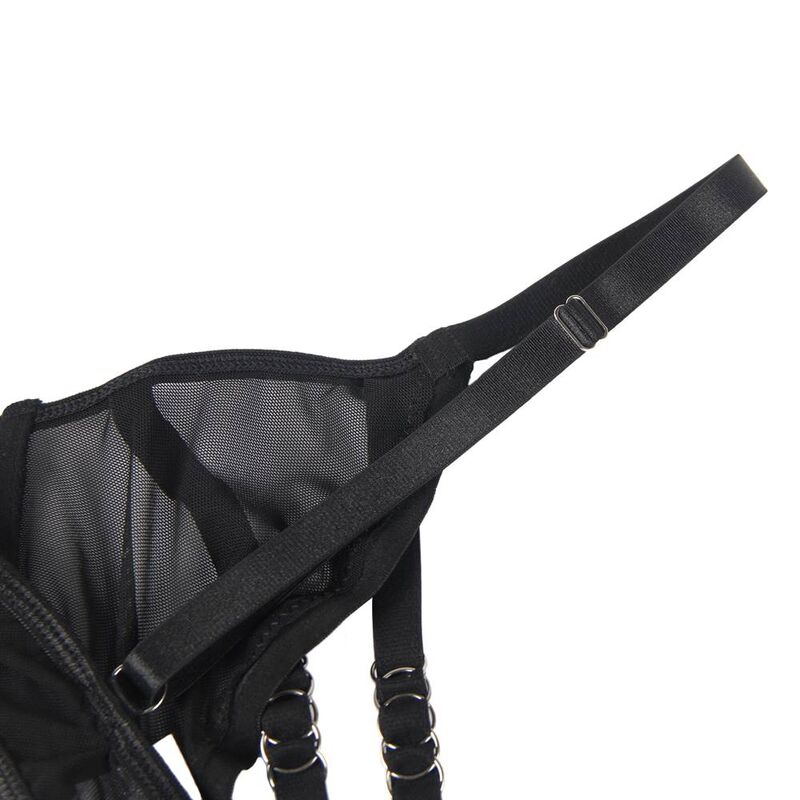 Detail des bretelles a sangles et de l armature du soutien-gorge Subblime en voile noir, anneaux metal et boucles reglables, vue rapprochee.