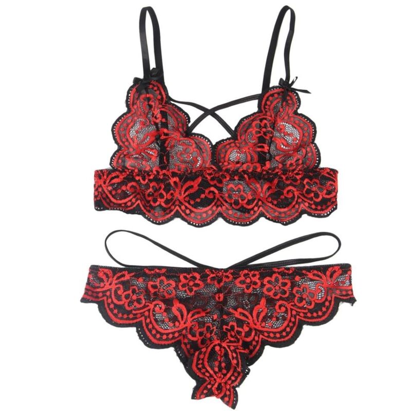 Ensemble lingerie deux pièces Subblime en dentelle florale rouge et noire, soutien-gorge et culotte présentés à plat, broderie ajourée et finitions festonnées délicates.