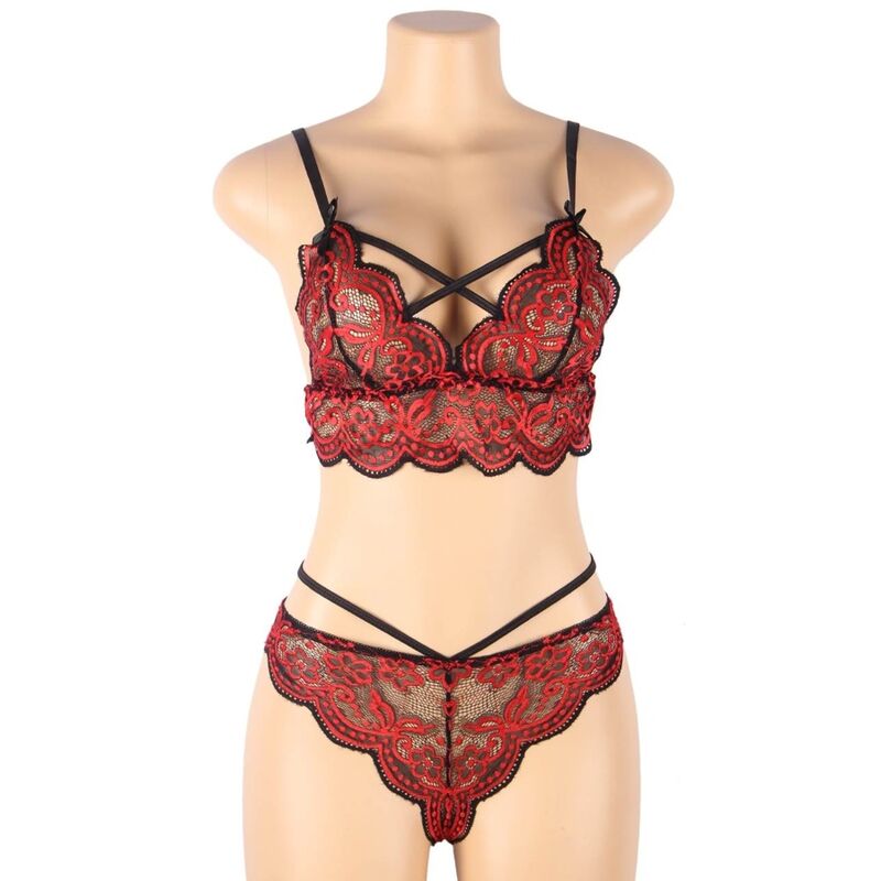 Ensemble dentelle rouge et noire Subblime porté sur buste, soutien-gorge à bretelles croisées et culotte assortie, broderie florale ajourée vue de face.