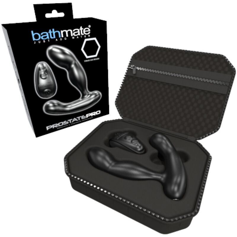 Coffret Bathmate Prostate Pro avec masseur de prostate en silicone noir range dans son etui rigide, stimulateur connecte etanche a 3 moteurs et telecommande