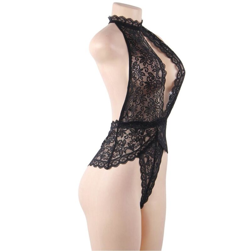 Body teddy dentelle noire Subblime vu de profil sur buste mannequin chair, col licou et dentelle florale ajourée épousant la silhouette de façon échancrée.