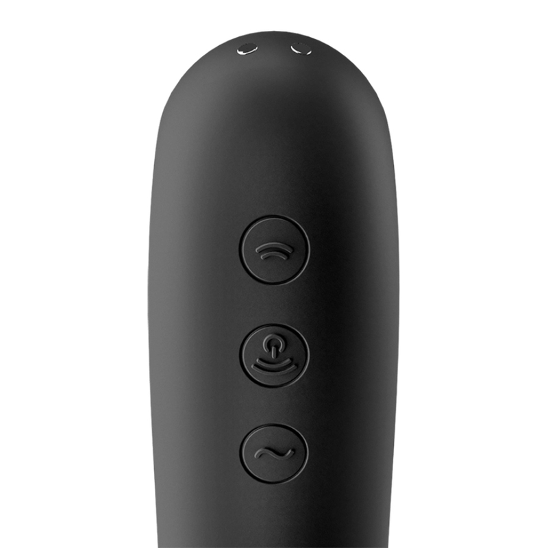 Dos du Satisfyer Dual Kiss noir, gros plan sur les trois boutons de commande en silicone pour régler ondes de pression et vibrations du stimulateur clitoridien.