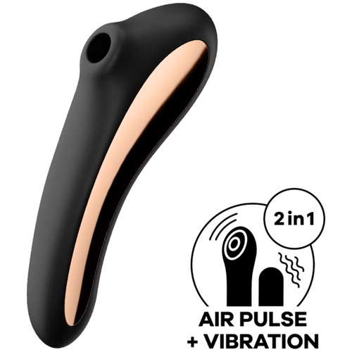 Satisfyer Dual Kiss noir en silicone, autre angle montrant le liseré doré et l'ouverture d'aspiration, stimulateur clitoridien combinant air pulse et vibration en un objet.