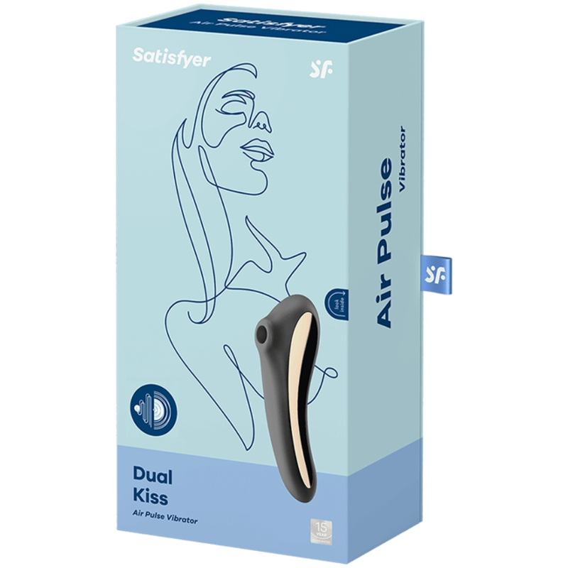 Boîte bleue du Satisfyer Dual Kiss, packaging Air Pulse Vibrator avec dessin au trait stylisé et photo du stimulateur clitoridien noir double zone air pulse et vibration.