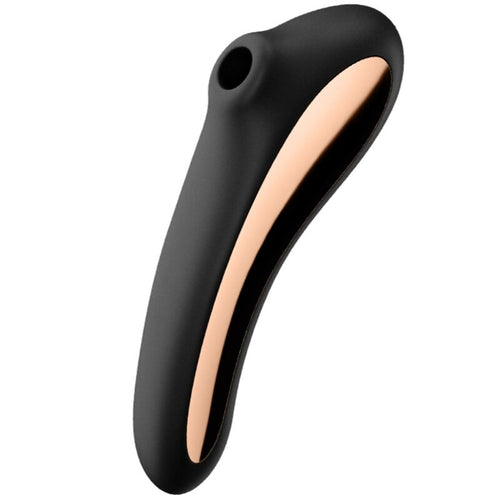 Stimulateur clitoridien Satisfyer Dual Kiss noir et doré, vue de profil sur l'embout d'aspiration air pulse et la pointe vibrante, double technologie pour le clitoris.