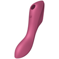 Stimulateur clitoridien Curvy Trinity 3 rose framboise en silicone, profil sur l'ouverture d'aspiration air pulse et le manche courbé ergonomique, rechargeable et étanche.