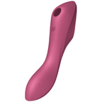 Stimulateur clitoridien Curvy Trinity 3 rose framboise en silicone, profil sur l'ouverture d'aspiration air pulse et le manche courbé ergonomique, rechargeable et étanche.
