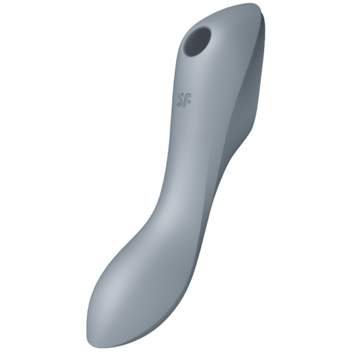 Stimulateur clitoridien Satisfyer Curvy Trinity 3 gris en silicone, vue de profil sur la tête d'aspiration air pulse et le manche ergonomique courbé, ondes de pression sans contact.