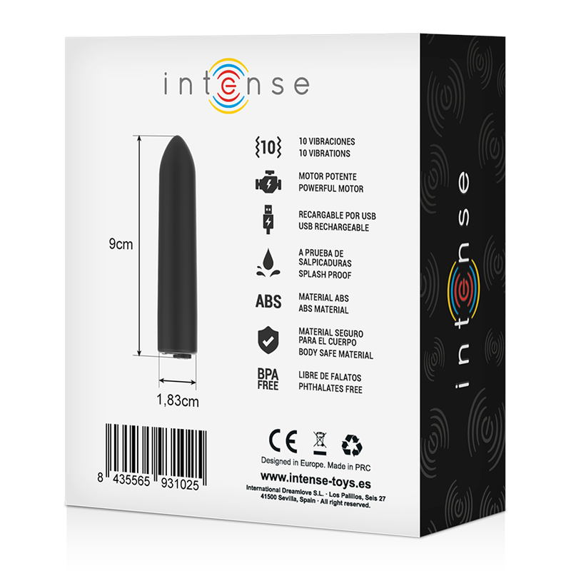 Verso de boite de la balle vibrante Intense avec pictogrammes 10 modes, USB et matiere ABS body-safe ; schema coté 9 cm, mini stimulateur clitoridien lisse et discret