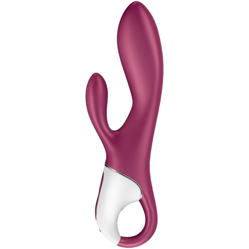Rabbit chauffant Satisfyer bordeaux en silicone médical, oreille latérale et anneau de préhension, vue de trois quarts, double moteur pour point G et clitoris, connecté rechargeable