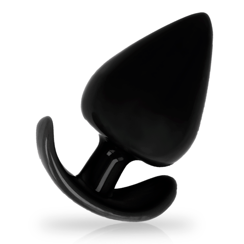 Plug anal Addicted noir silicone vu de trois quarts, corps en goutte lisse et tige a base incurvee flexible, surface satinee pour une insertion douce.