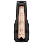 Gaine de rechange Satisfyer Men One en coupe, tunnel interieur nervure couleur chair dans boitier noir, texture realiste pour sensations enveloppantes.