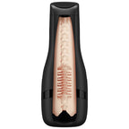Manchon interchangeable Satisfyer en coupe, tunnel interieur texture teinte chair dans boitier noir, points d'aspiration pour un plaisir enveloppant a 360 degres.