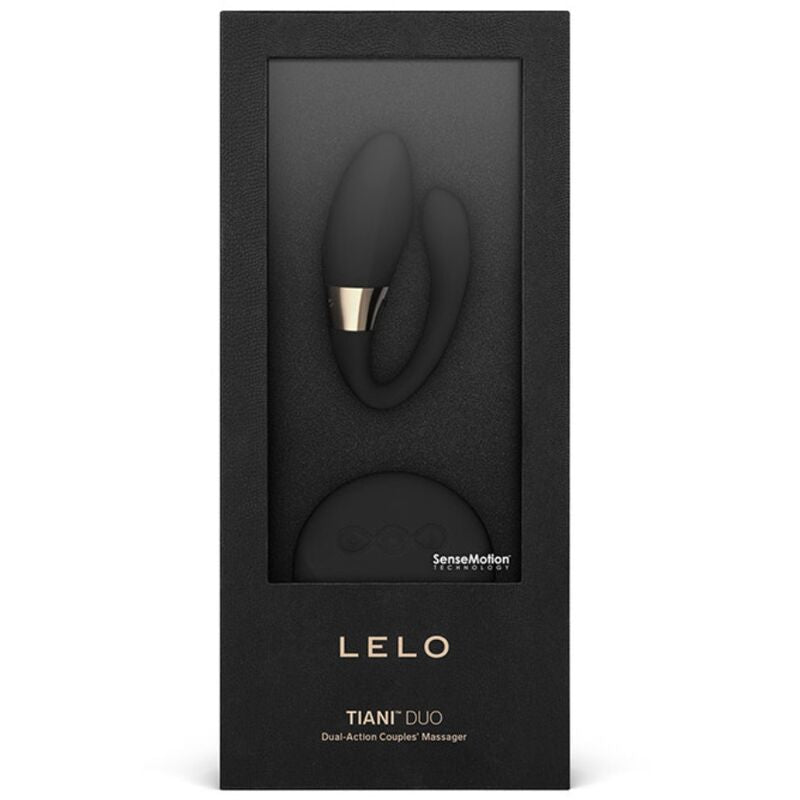 Boîte Tiani Duo Dual-Action Couples Massager de Lelo présentant le stimulateur noir en U et sa télécommande ronde dans l'écrin noir signé Lelo.