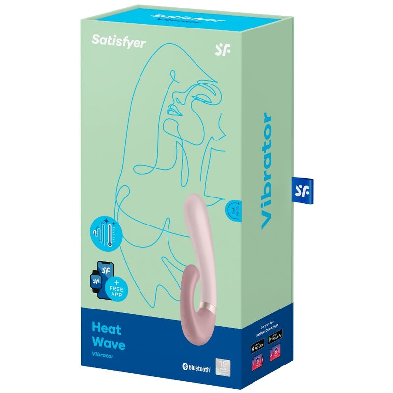 Boîte Satisfyer Heat Wave verte avec dessin au trait d'un visage, rabbit chauffant rose poudré figuré sur l'emballage Vibrator connecté Bluetooth, double stimulation