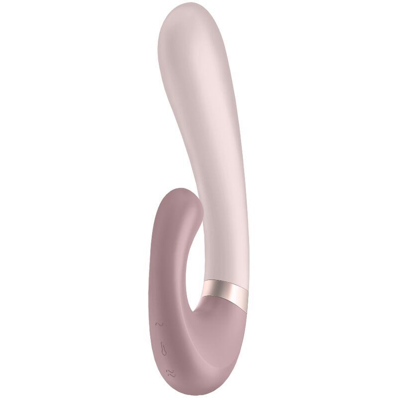 Rabbit chauffant Heat Wave rose poudré en silicone à tige galbée et oreille clitoridienne mauve, double moteur point G et clitoris, connecté, fonction chaleur, étanche Satisfyer