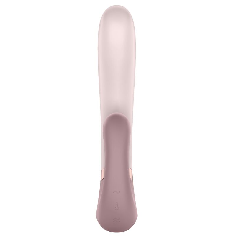 Rabbit Heat Wave Satisfyer rose poudré en silicone à oreille latérale et col mauve, vue de face, stimulation simultanée clitoris et point G, chaleur et vibrations connectées étanche