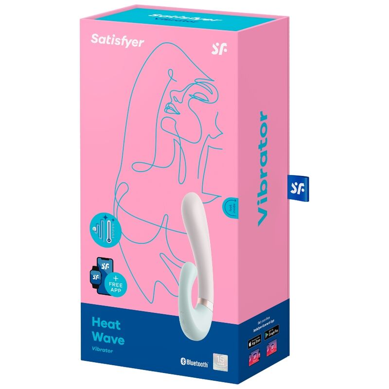Boîte Satisfyer Heat Wave rose avec illustration au trait d'un profil, rabbit chauffant rose et menthe figuré sur l'emballage Vibrator connecté Bluetooth, double stimulation