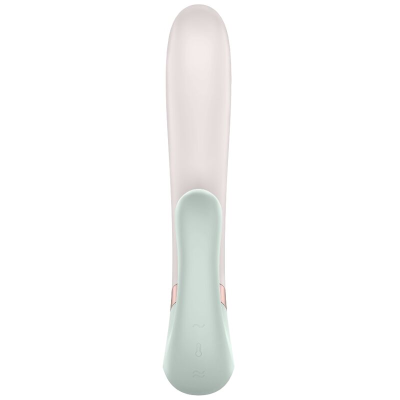 Vibromasseur rabbit Heat Wave rose poudré et menthe en silicone, tige lisse et oreille discrète, vue de face, double stimulation chauffante connectée, rechargeable étanche Satisfyer