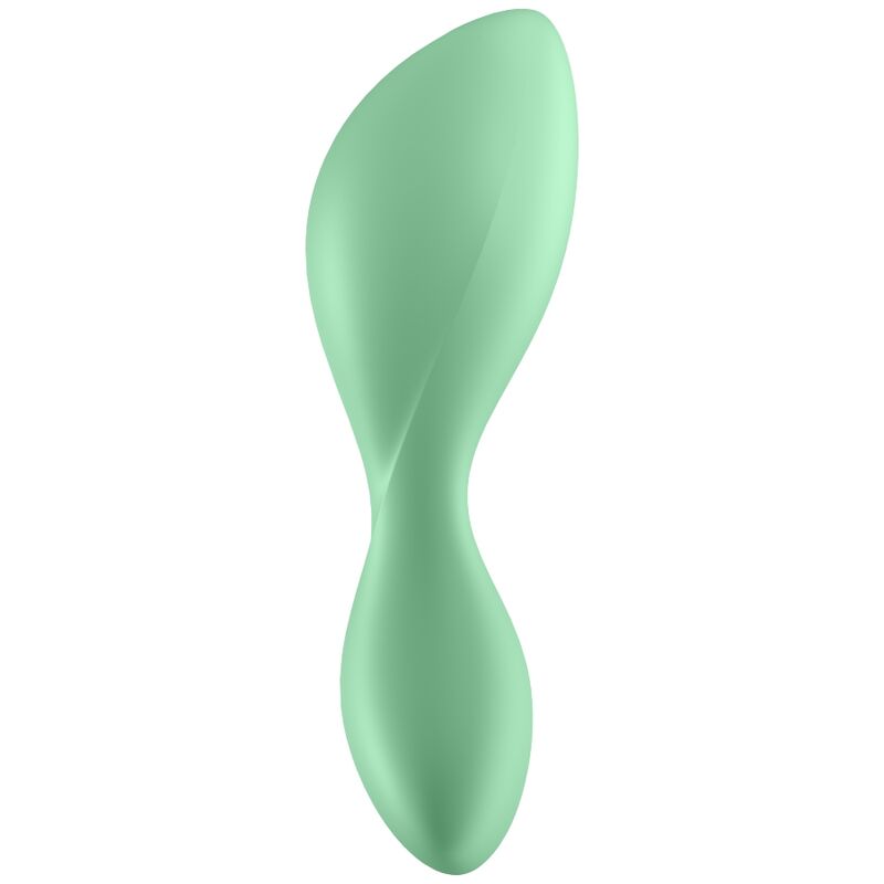 Plug anal vibrant vert menthe en silicone à double renflement, vue de profil inclinée, base stable, connecté par app gratuite, moteur puissant étanche IPX7 Satisfyer Trendsetter
