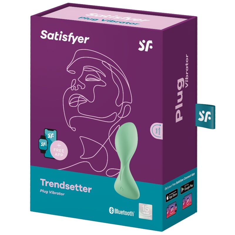 Boîte Satisfyer Trendsetter violette avec illustration au trait d'un profil, plug anal vibrant vert menthe figuré sur l'emballage Plug Vibrator connecté Bluetooth