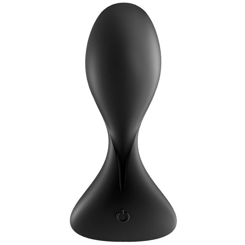 Plug anal vibrant noir en silicone à pointe arrondie et base stable, vue de face, connecté par app gratuite, moteur puissant, étanche IPX7, rechargeable USB Satisfyer Trendsetter