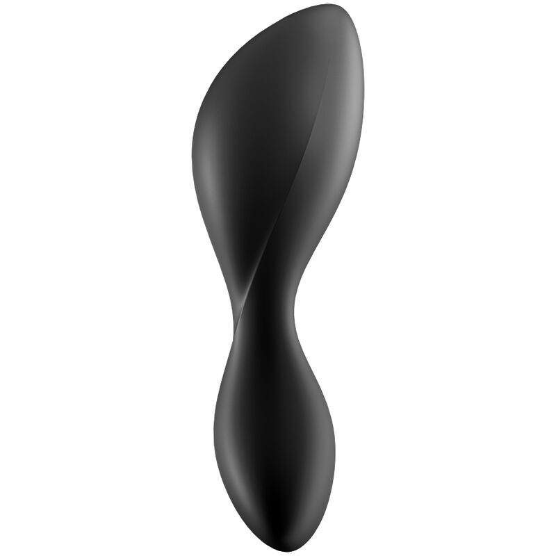 Plug anal vibrant noir en silicone à double renflement, vue de profil inclinée, base évasée sécurisante, connecté par application, moteur puissant étanche IPX7 Satisfyer