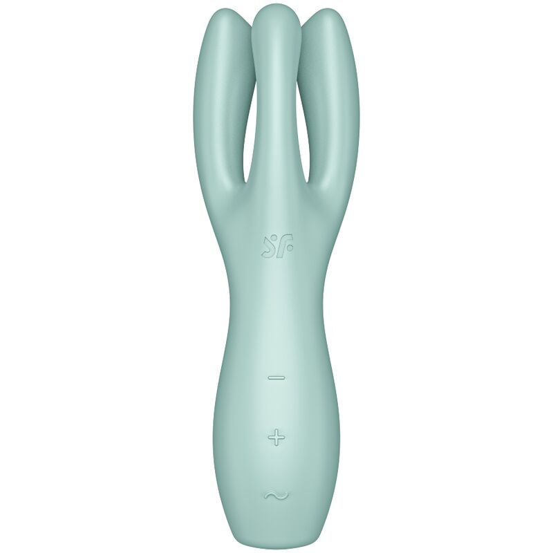 Vibromasseur Threesome 3 vert menthe à trois bras flexibles en silicone médical, vue de face de la poignée, trois moteurs, 12 programmes, mode murmure, étanche IPX7 Satisfyer