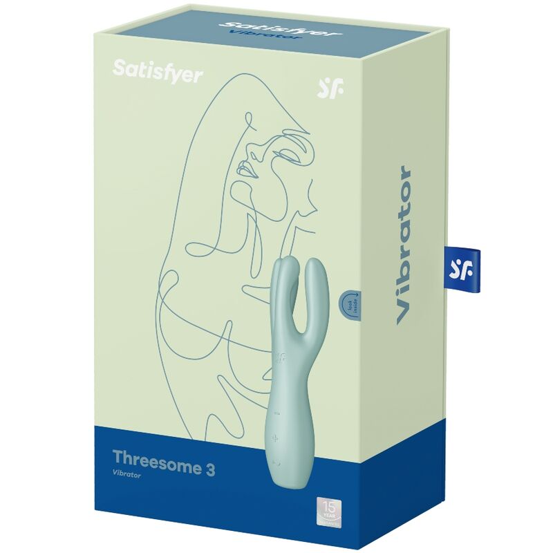 Boîte Satisfyer Threesome 3 vert pâle avec illustration au trait d'un profil, vibrateur menthe à trois bras présenté sur l'emballage Vibrator pour clitoris et lèvres vulvaires
