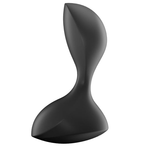 Plug anal Sweet Seal noir vu de profil, silhouette galbée en silicone à col resserré et base large sécurisante, plug vibrant connecté Satisfyer pour l'exploration anale.