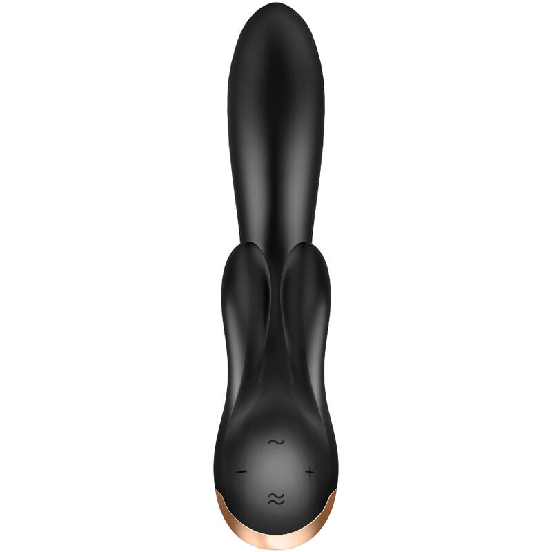 Vibrateur lapin Double Flex noir Satisfyer en silicone à double branche souple, vue de la poignée à boutons et col doré, trois moteurs connectés app gratuite, rechargeable étanche