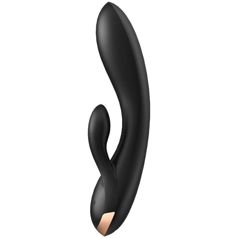 Vibrateur lapin Double Flex noir en silicone à tige galbée et oreille latérale, vue de face, trois moteurs indépendants, connecté par application gratuite, étanche IPX7 Satisfyer