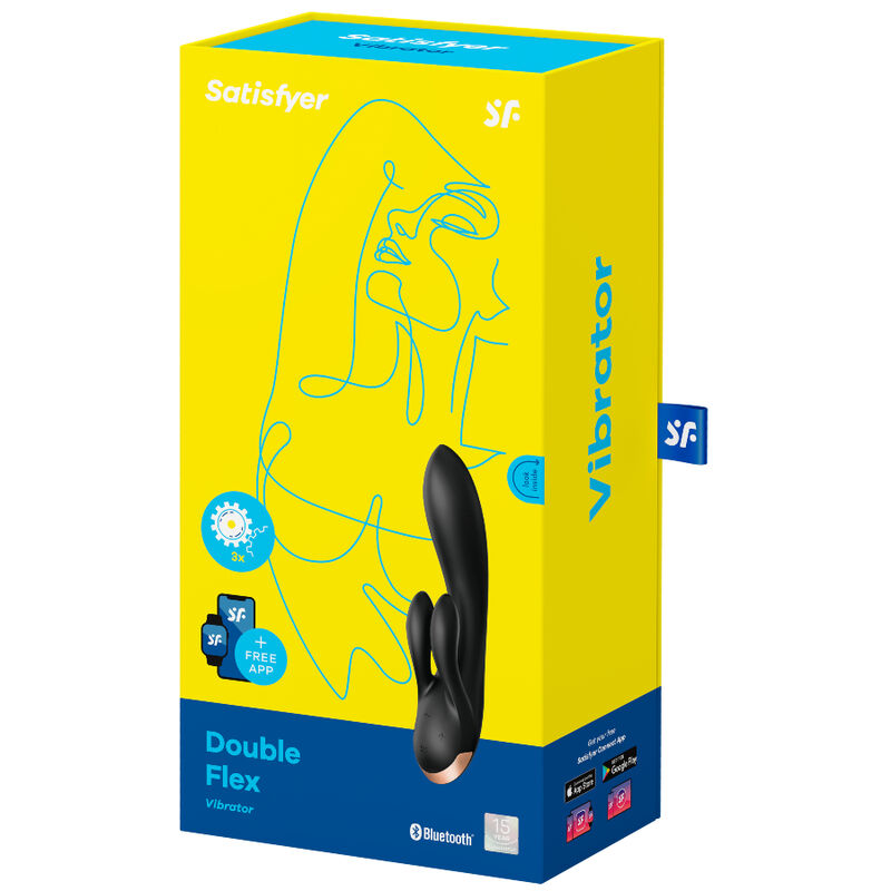 Boîte Satisfyer Double Flex jaune avec illustration au trait d'un profil, vibrateur lapin noir figuré sur l'emballage Vibrator connecté Bluetooth à trois moteurs indépendants