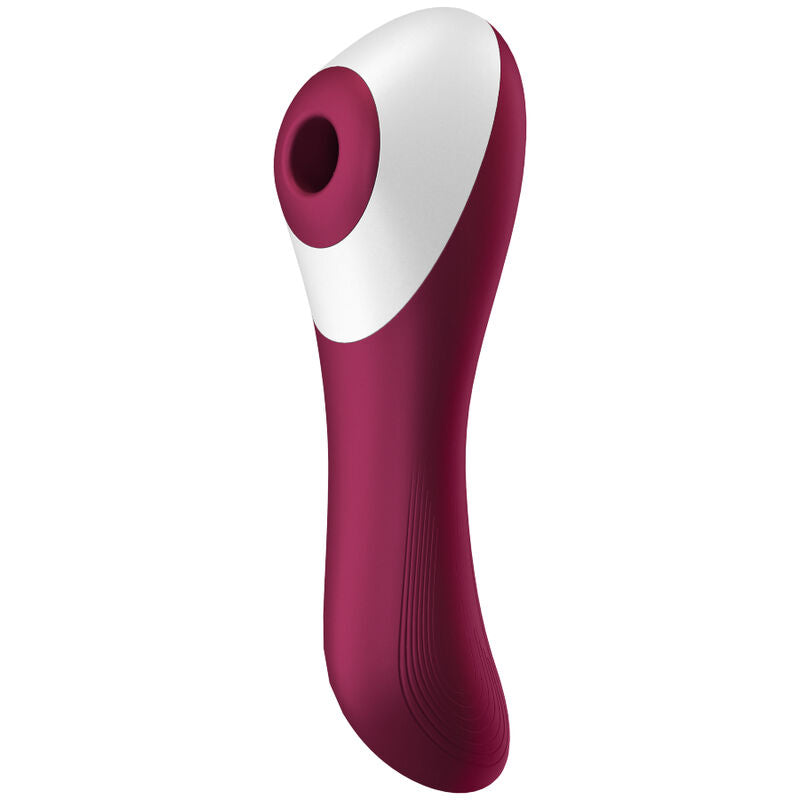 Vibrateur dual Dual Crush bordeaux et blanc à tête d'aspiration en creux et corps strié en silicone médical, ondes de pression clitoris et vibrations point G, étanche IPX7 Satisfyer